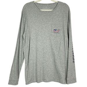 Vineyard Vines Mens Long Sleeve Gray T-Shirt W/American Flag Whale Design Medium